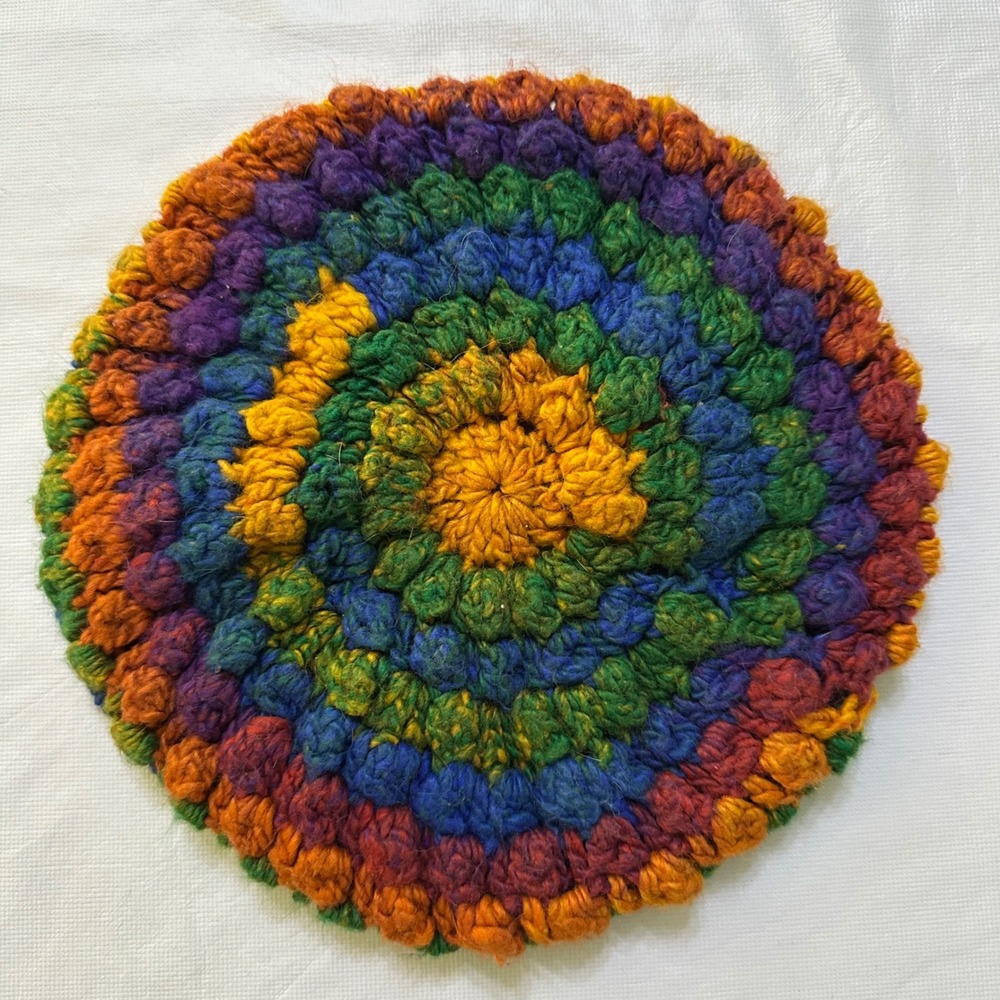 Handmade Crochet Rainbow Spiral Beanie Hat OS Boho Hippie Festival Colorful Soft
